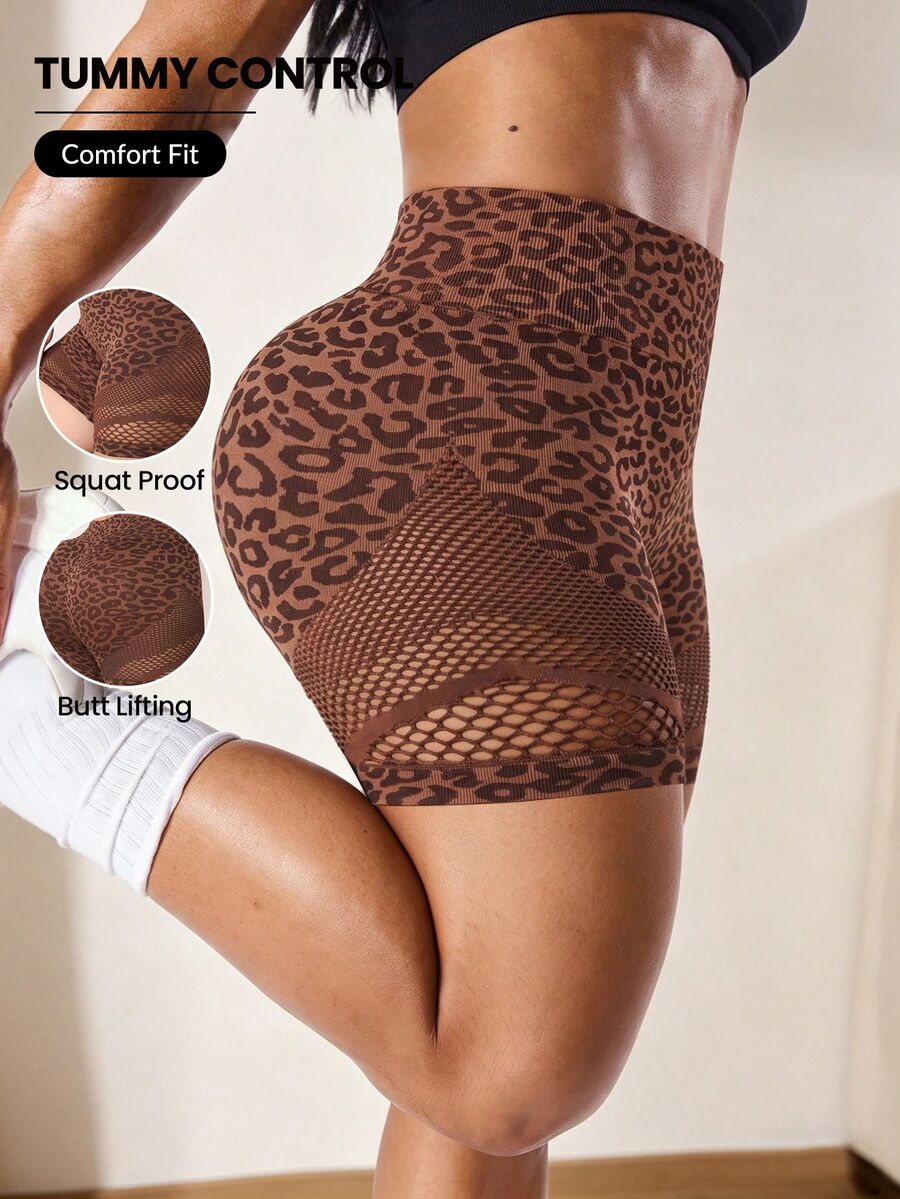 SHEIN Rhythm Era Celana Pendek Olahraga Jala Motif Leopard Cokelat Kopi Tanpa Jahitan Ukuran Plus untuk Wanita - MultiWarna - View 1