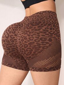 SHEIN Rhythm Era Celana Pendek Olahraga Jala Motif Leopard Cokelat Kopi Tanpa Jahitan Ukuran Plus untuk Wanita - MultiWarna - View 2