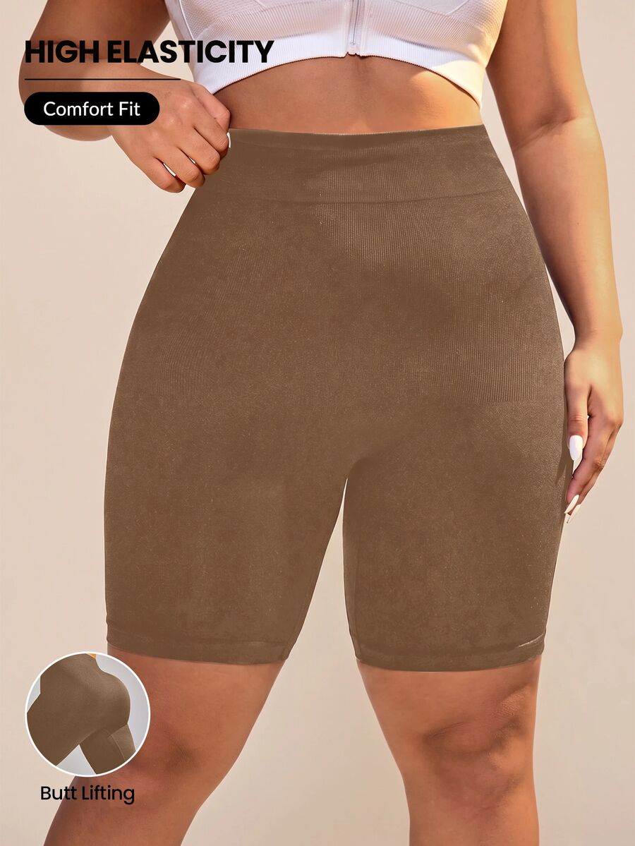Rhythm Era Plus Size High Waist Tummy Control Workout Shorts Gym Sports Brown Summer - Mocha Brown - View 1
