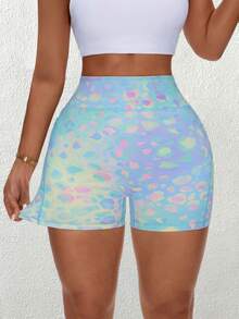 Rhythm Era Women's Plus Size Light Blue Summer Athletic Midsize Gym Shorts,Pastel Leopard Print High Waist Yoga Biker Shorts With Pockets,Colorful Rave Training - Multicolor - View 7