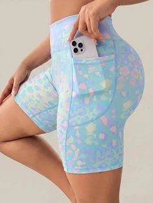 Rhythm Era Women's Plus Size Light Blue Summer Athletic Midsize Gym Shorts,Pastel Leopard Print High Waist Yoga Biker Shorts With Pockets,Colorful Rave Training - Multicolor - View 8