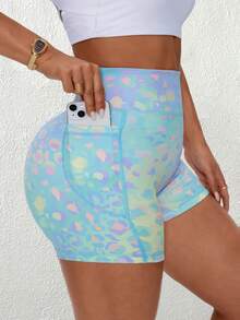 Rhythm Era Women's Plus Size Light Blue Summer Athletic Midsize Gym Shorts,Pastel Leopard Print High Waist Yoga Biker Shorts With Pockets,Colorful Rave Training - Multicolor - View 3