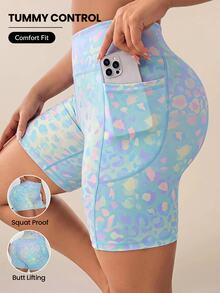 Rhythm Era Women's Plus Size Light Blue Summer Athletic Midsize Gym Shorts,Pastel Leopard Print High Waist Yoga Biker Shorts With Pockets,Colorful Rave Training - Multicolor - View 1