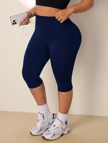 SHEIN Rhythm Era 女款大尺碼純色高腰日常健身運動七分褲 - 藏蓝色 - 查看 2