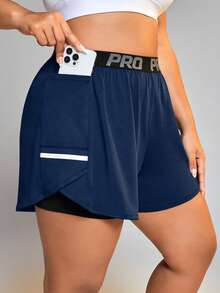 SHEIN Rhythm Era Women's Letter Waistband Pocket Double Layer Sports Shorts - Royal Blue - View 3