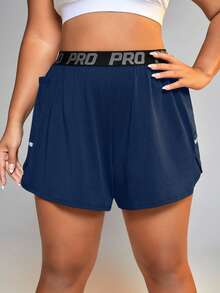 SHEIN Rhythm Era Women's Letter Waistband Pocket Double Layer Sports Shorts - Royal Blue - View 4
