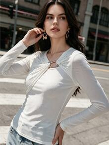 Anewsta Slim Fit Ribbed Knit Long Sleeve Top For Women, Design Twist Metal Button Hollow Out Rhinestone Embellished Base Layer, Slimming Waist-Cinching Solid Color Versatile Inner T-Shirt - White - View 5