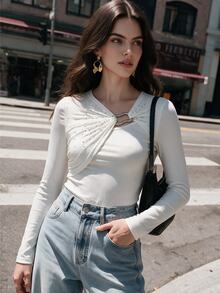 Anewsta Slim Fit Ribbed Knit Long Sleeve Top For Women, Design Twist Metal Button Hollow Out Rhinestone Embellished Base Layer, Slimming Waist-Cinching Solid Color Versatile Inner T-Shirt - White - View 1