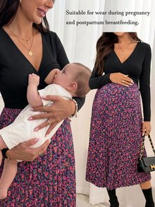 SHEIN 孕婦休閒花卉拼接哺乳洋裝，秋季款 - 黑色 - 查看 1
