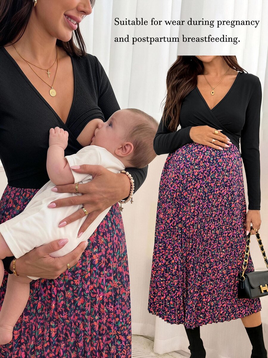 SHEIN 孕婦休閒花卉拼接哺乳洋裝,秋季款 - 黑色 - 查看 1