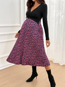 SHEIN 孕婦休閒花卉拼接哺乳洋裝，秋季款 - 黑色 - 查看 6