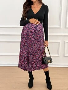 SHEIN 孕婦休閒花卉拼接哺乳洋裝，秋季款 - 黑色 - 查看 5