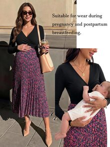 SHEIN 孕婦休閒花卉拼接哺乳洋裝，秋季款 - 黑色 - 查看 2