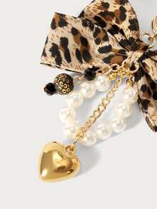 Glisma Leopard Print Bow Keychain Heart Pendant Women's Bag Simple Charm Pearl Keychain Beaded Charm Gift For Women - Mocha Brown - View 4
