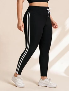 Rhythm Era Plus Side Striped Knot Waist Sports Leggings Yoga Women Pants - Black - View 7