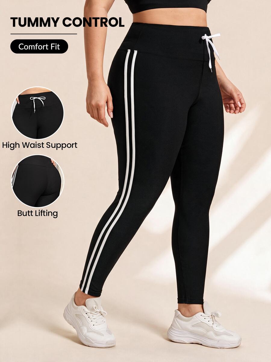 Rhythm Era Plus Side Striped Knot Waist Sports Leggings Yoga Women Pants - Black - View 1