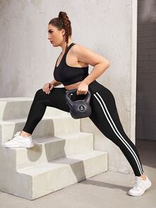 Rhythm Era Plus Side Striped Knot Waist Sports Leggings Yoga Women Pants - Black - View 5