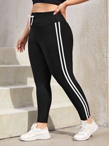 Rhythm Era Plus Side Striped Knot Waist Sports Leggings Yoga Women Pants - Black - View 6