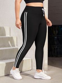 Rhythm Era Plus Side Striped Knot Waist Sports Leggings Yoga Women Pants - Black - View 3