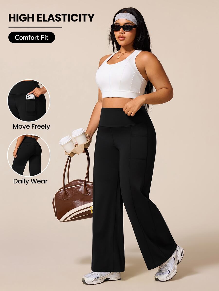 Rhythm Era Celana Olahraga Wanita Ukuran Besar Kasual Warna Polos Pinggang Tinggi Longgar Kaki Lebar - Hitam - View 1