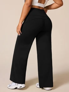 Rhythm Era Celana Olahraga Wanita Ukuran Besar Kasual Warna Polos Pinggang Tinggi Longgar Kaki Lebar - Hitam - View 2