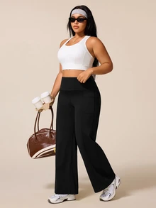 Rhythm Era Celana Olahraga Wanita Ukuran Besar Kasual Warna Polos Pinggang Tinggi Longgar Kaki Lebar - Hitam - View 7