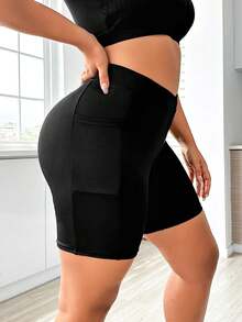 SHEIN Rhythm Era Plus Size Black Sports Shorts With Pocket - Black - View 5