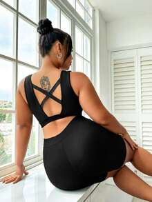 SHEIN Rhythm Era Plus Size Black Sports Shorts With Pocket - Black - View 3