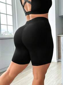 SHEIN Rhythm Era Plus Size Black Sports Shorts With Pocket - Black - View 4