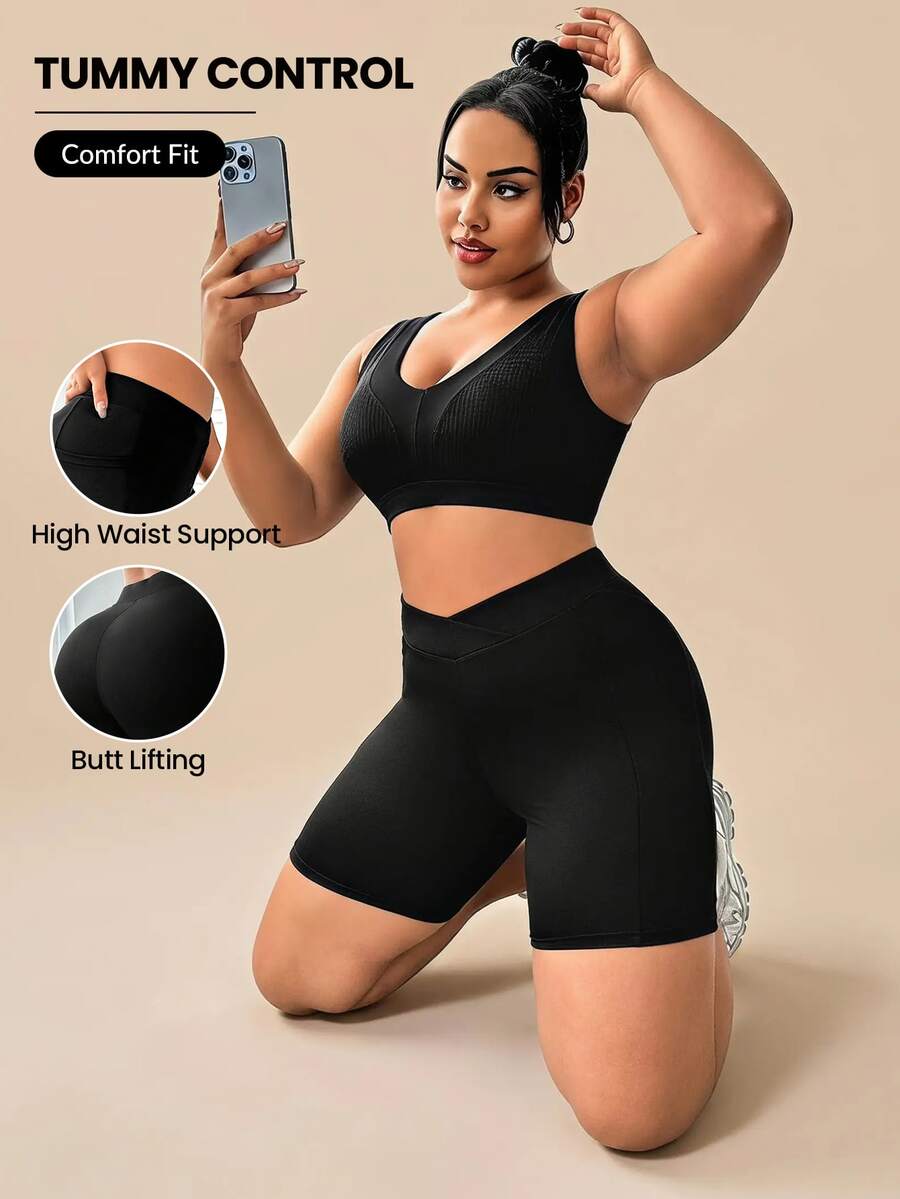 SHEIN Rhythm Era Plus Size Black Sports Shorts With Pocket - Black - View 1