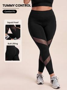 SHEIN Rhythm Era Women's Plus Size Solid Color Pocket Mesh Patchwork Sports Leggings - Black - View 1