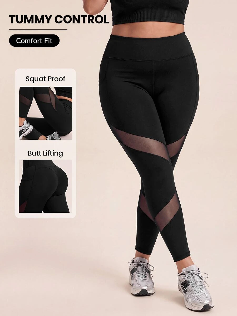 SHEIN Rhythm Era Women's Plus Size Solid Color Pocket Mesh Patchwork Sports Leggings - Black - View 1