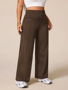 SHEIN Rhythm Era Legging Olahraga Wanita Ukuran Besar Pinggang Tinggi Longgar Warna Polos - Coffee Brown - View 6