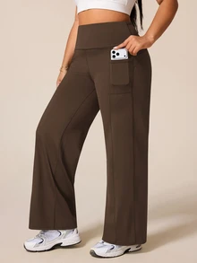SHEIN Rhythm Era Legging Olahraga Wanita Ukuran Besar Pinggang Tinggi Longgar Warna Polos - Coffee Brown - View 4