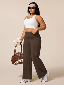 SHEIN Rhythm Era Legging Olahraga Wanita Ukuran Besar Pinggang Tinggi Longgar Warna Polos - Coffee Brown - View 8