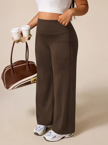SHEIN Rhythm Era Legging Olahraga Wanita Ukuran Besar Pinggang Tinggi Longgar Warna Polos - Coffee Brown - View 9