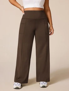 SHEIN Rhythm Era Legging Olahraga Wanita Ukuran Besar Pinggang Tinggi Longgar Warna Polos - Coffee Brown - View 7