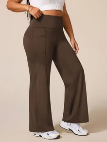SHEIN Rhythm Era Legging Olahraga Wanita Ukuran Besar Pinggang Tinggi Longgar Warna Polos - Coffee Brown - View 5