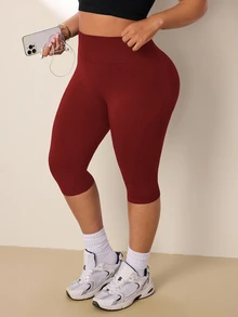 SHEIN Rhythm Era 女款大尺碼純色高腰無縫運動短褲 - 紅色 - 查看 2