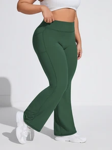 SHEIN Rhythm Era Celana Olahraga Wanita Ukuran Besar Warna Polos Pinggang Sedang-Tinggi Saku Samping Model Kaki Melebar - Dark Green - View 4