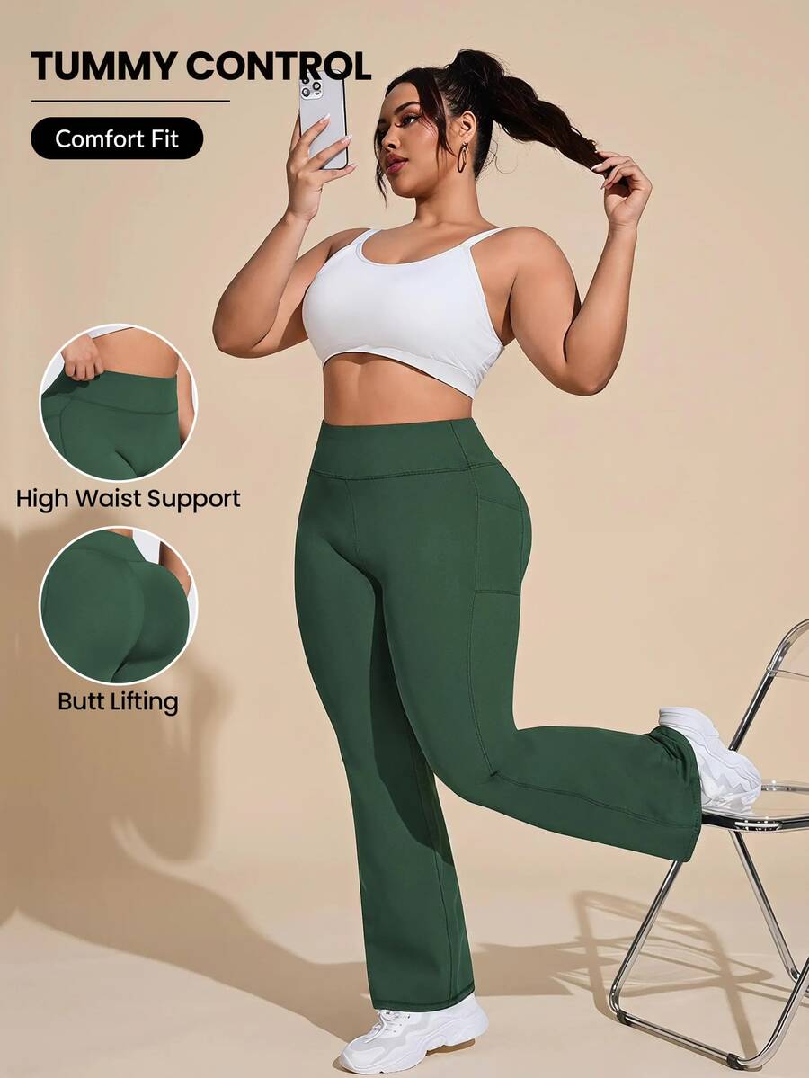 SHEIN Rhythm Era Celana Olahraga Wanita Ukuran Besar Warna Polos Pinggang Sedang-Tinggi Saku Samping Model Kaki Melebar - Dark Green - View 1