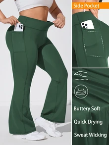 SHEIN Rhythm Era Celana Olahraga Wanita Ukuran Besar Warna Polos Pinggang Sedang-Tinggi Saku Samping Model Kaki Melebar - Dark Green - View 7