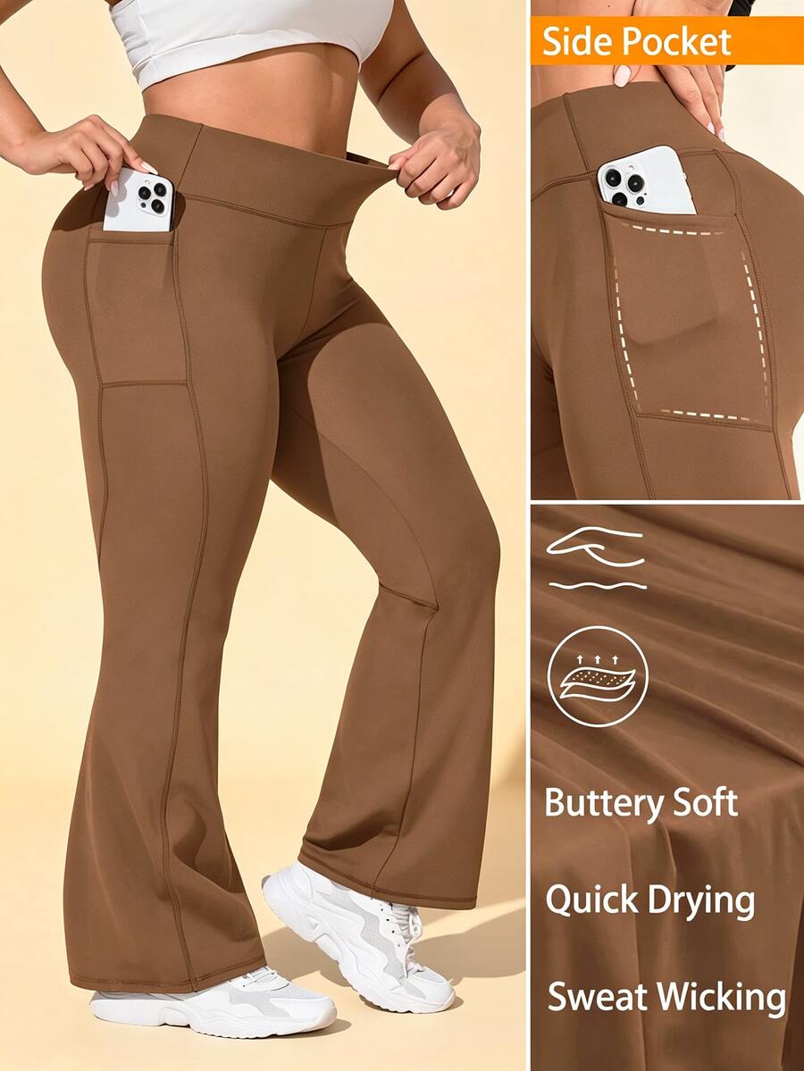 SHEIN Rhythm Era 女款純色高腰口袋休閒日常喇叭褲 - 咖啡棕 - 查看 1