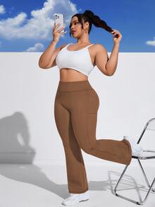 SHEIN Rhythm Era 女款純色高腰口袋休閒日常喇叭褲 - 咖啡棕 - 查看 4