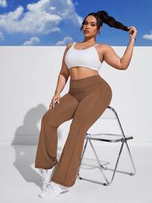 SHEIN Rhythm Era 女款純色高腰口袋休閒日常喇叭褲 - 咖啡棕 - 查看 5
