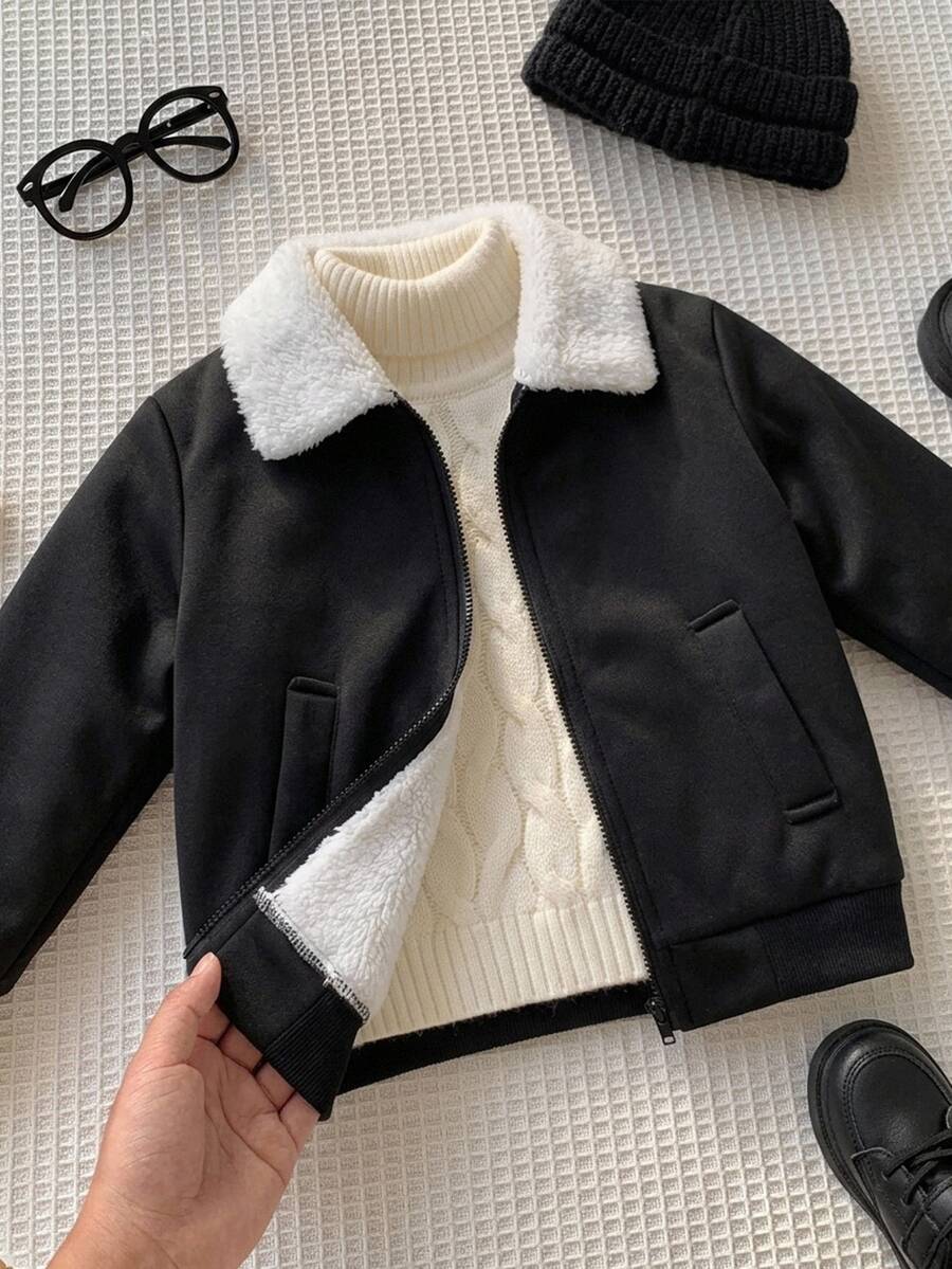 SHEIN 1件幼兒街頭休閒黑色蜘蛛圖案抓絨內裡連帽夾克，適合旅行、學校、日常聚會、戶外、街頭穿搭、派對、居家、返校、生日、嬰兒洗禮、節日派對，秋冬季