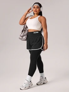 SHEIN Rhythm Era Celana Legging Olahraga Kasual Ukuran Besar Wanita Gaya Kawaii dengan Kantong, Warna Hitam, Cocok untuk Gym dan Musim Panas. - Hitam - View 3