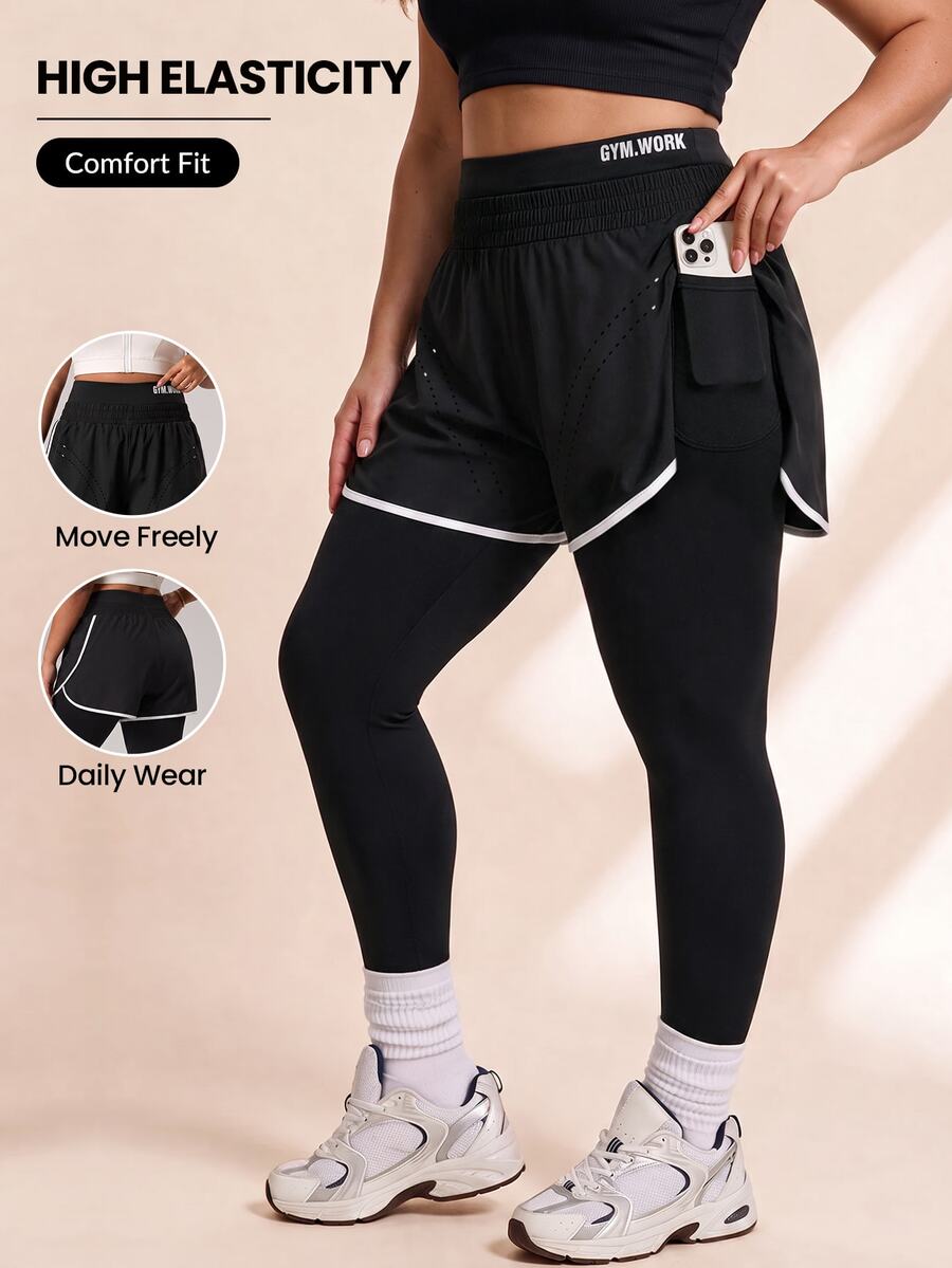 SHEIN Rhythm Era Celana Legging Olahraga Kasual Ukuran Besar Wanita Gaya Kawaii dengan Kantong, Warna Hitam, Cocok untuk Gym dan Musim Panas. - Hitam - View 1