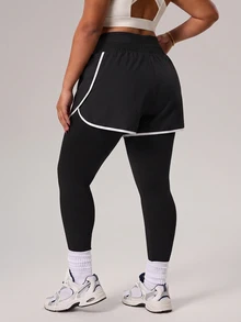 SHEIN Rhythm Era Celana Legging Olahraga Kasual Ukuran Besar Wanita Gaya Kawaii dengan Kantong, Warna Hitam, Cocok untuk Gym dan Musim Panas. - Hitam - View 2