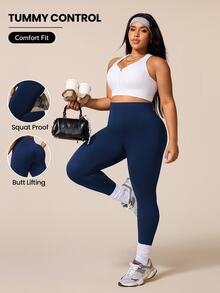 SHEIN Rhythm Era Plus Size High Waist Stretch Solid Color Seamless Sports Leggings - Navy Blue - View 1